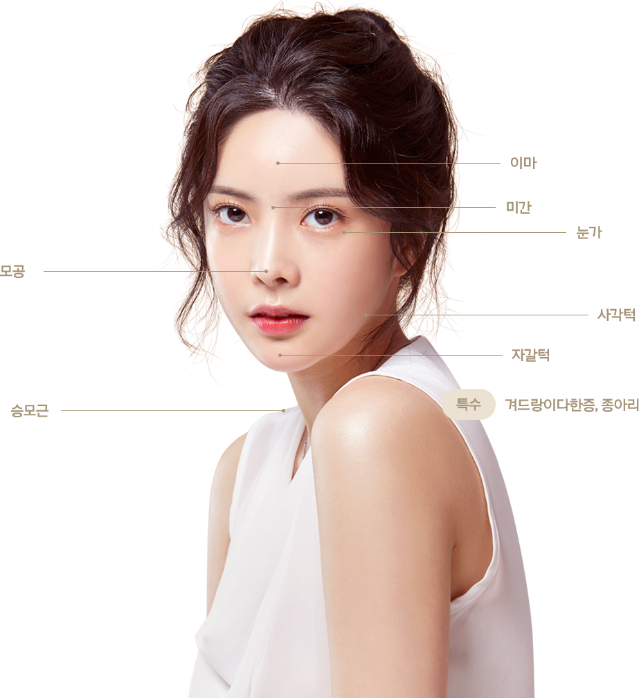 이마, 미간, 눈가, 모공, 사각턱, 자갈턱, 승모근, 특수- 겨드랑이다한증,종아리